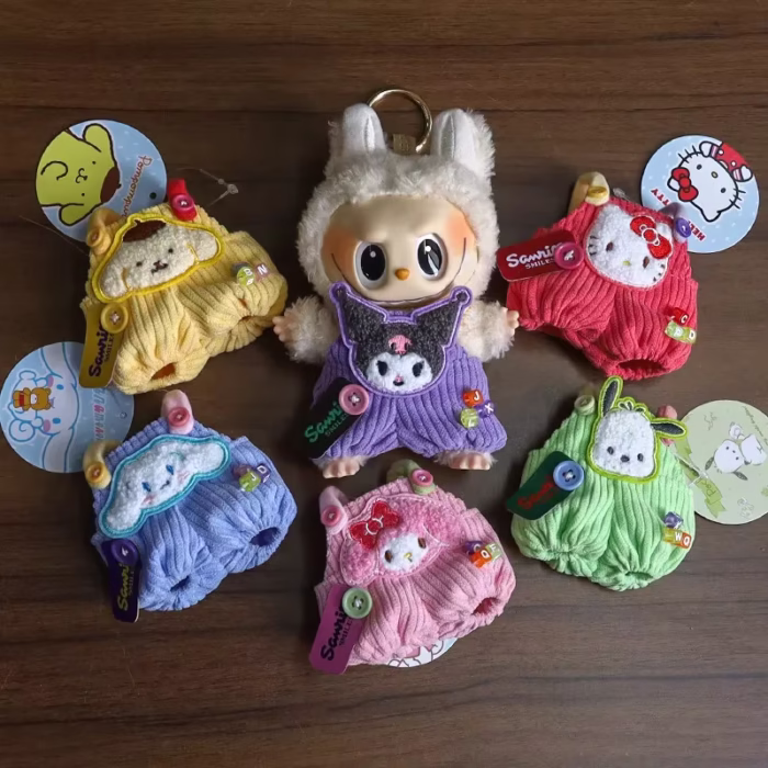 Cue the perfect mini infraction: Labubu-sized Sanrio mischief! Slip your cheerful plushie into these mix-matched, lovingly sewn Kuromi and Cinnamoroll cotton goodies - Image 4