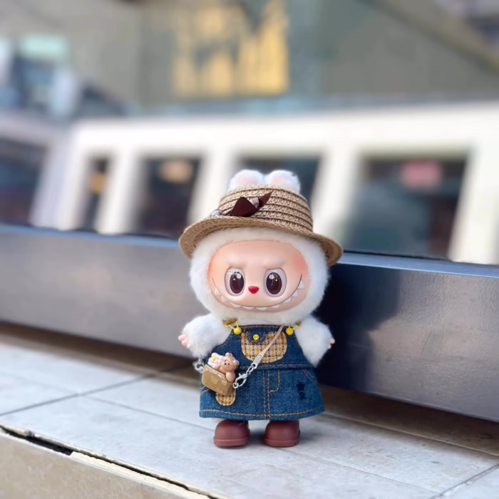 DIY Clothes Accessories: Too-Cute 17cm Labubu Plush Doll Skirt Set Present: a denim skirt and shoulder straps a hat-style skirt made of straw - Image 4