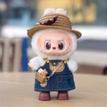 DIY Clothes Accessories: Too-Cute 17cm Labubu Plush Doll Skirt Set Present: a denim skirt and shoulder straps a hat-style skirt made of straw