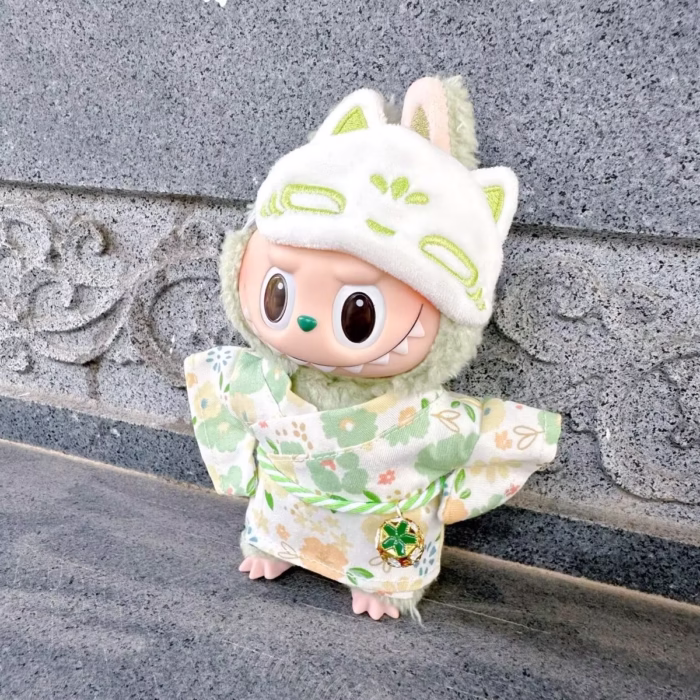 Doll clothes for Labubu Idol Doll plushies measuring 15–17 cm. Comes with a kimono skirt, eye mask, and fits V1, V2, V3. Two-pack perfect for decoration or gifting - Image 3
