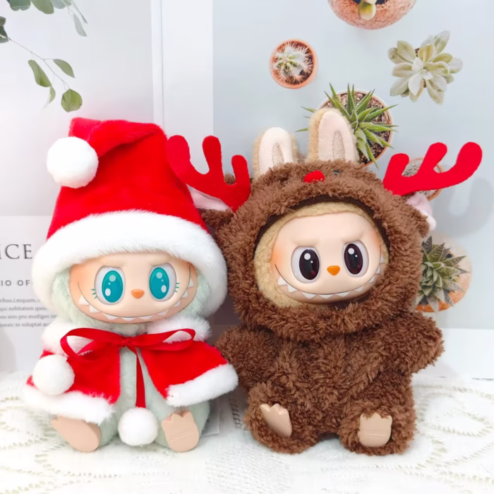 Switch it up with this 17cm Soft Mini Adorable Accessory Santa and Reindeer Sweater + Hat combo available for Labubu Idol dolls (V1 and V2—holiday eligibility strut!) - Image 1