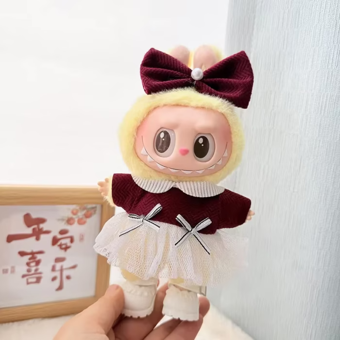 17cm Labubu I & II K-Pop Style Doll Dress Accessories—Burgundy & White Gear - Image 2