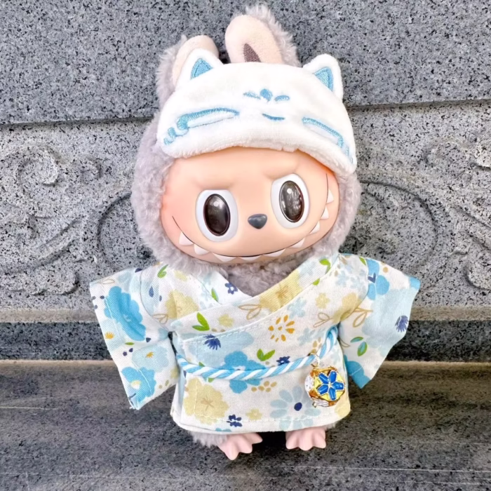 Doll clothes for Labubu Idol Doll plushies measuring 15–17 cm. Comes with a kimono skirt, eye mask, and fits V1, V2, V3. Two-pack perfect for decoration or gifting - Image 1