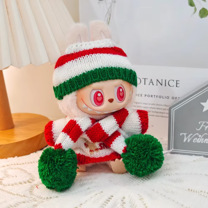 Switch it up with this 17cm Soft Mini Adorable Accessory Santa and Reindeer Sweater + Hat combo available for Labubu Idol dolls (V1 and V2—holiday eligibility strut!) - Image 3